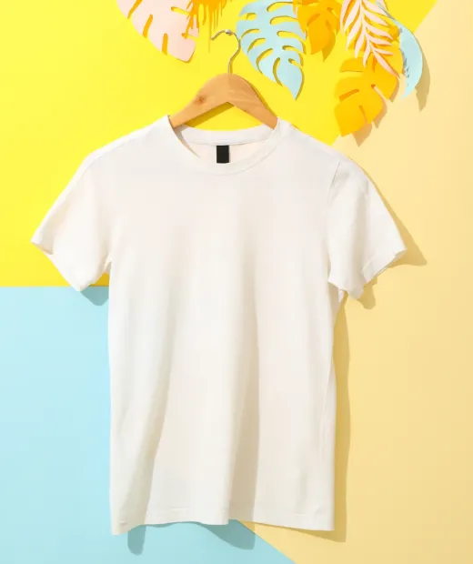 white-t-shirt-display-with-colorful-tropical-leave